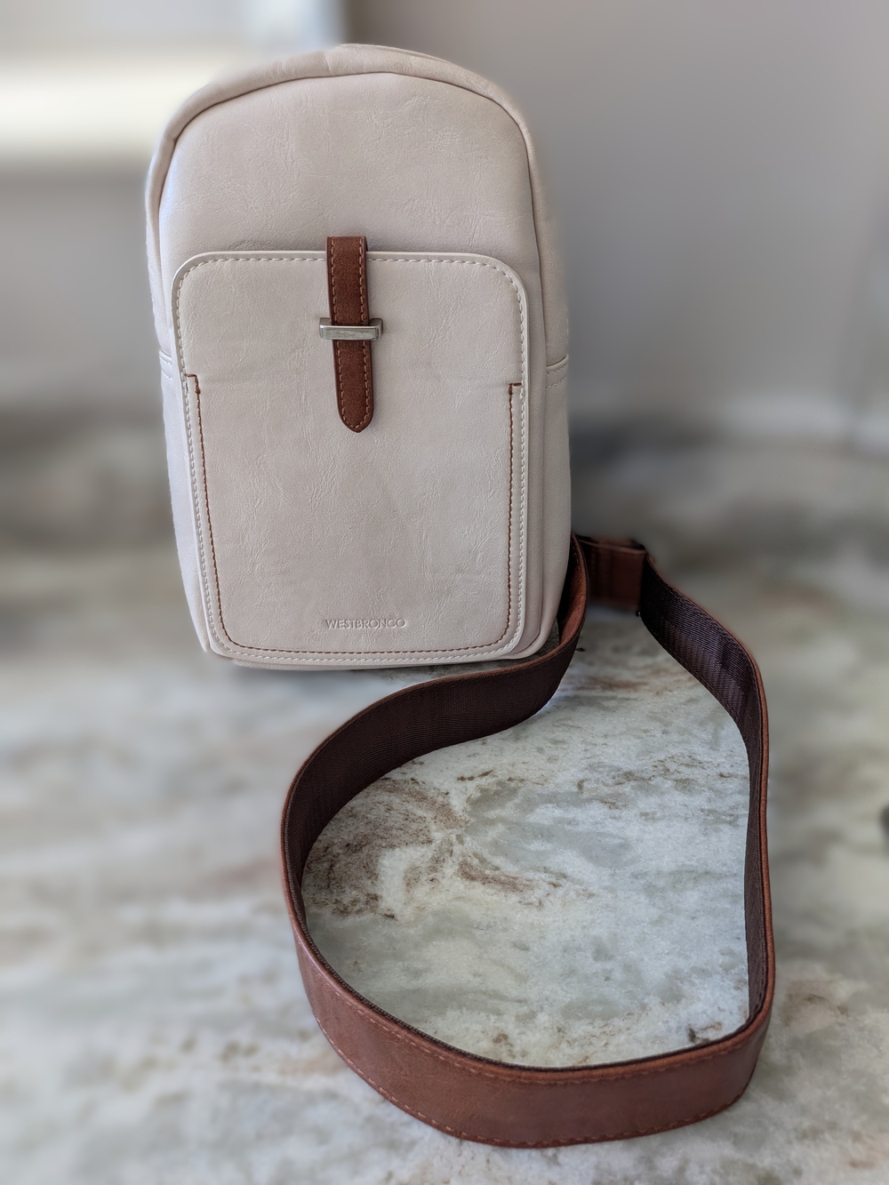 Cream Crossbody Sling Bag with Brown Strap